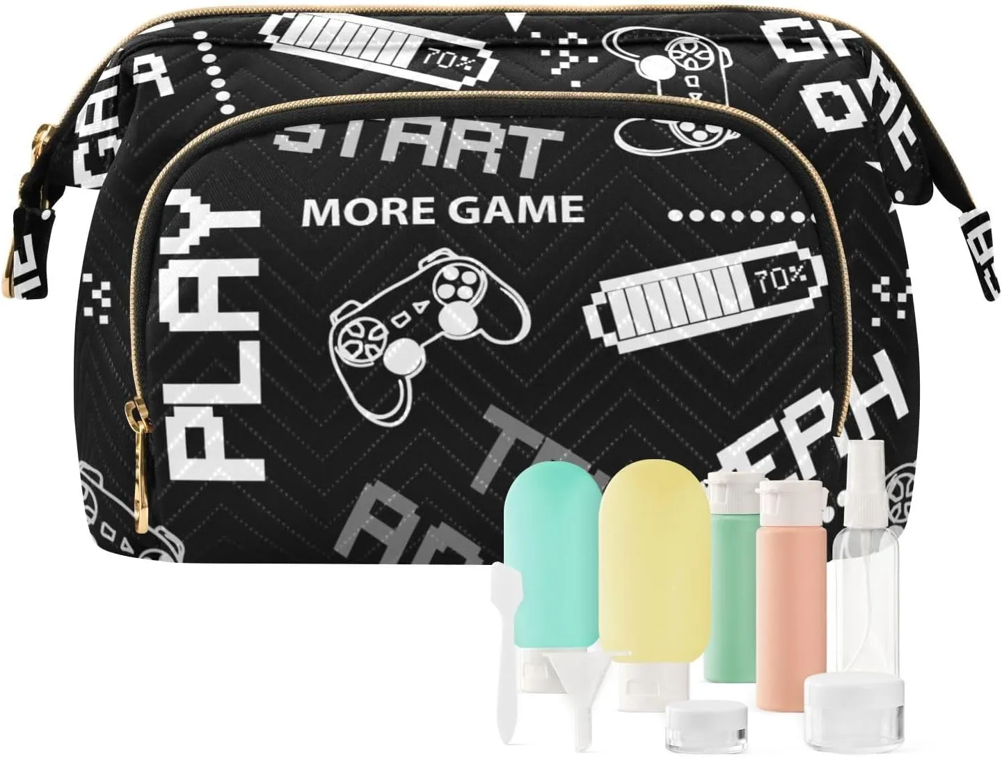 Black White Seamless Abstract Pattern in Pixel Game Style Women Cosmetic Bag Makeup Bag Stylish Trip Beauty Bag Travel Toiletry Bag with Bottle Organizer 10.2 x 5.9 x 6.7 inch