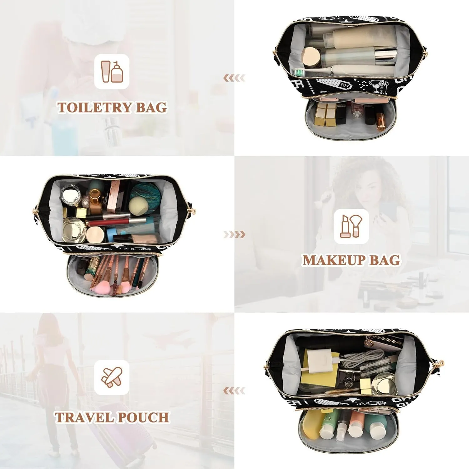 Black White Seamless Abstract Pattern in Pixel Game Style Women Cosmetic Bag Makeup Bag Stylish Trip Beauty Bag Travel Toiletry Bag with Bottle Organizer 10.2 x 5.9 x 6.7 inch