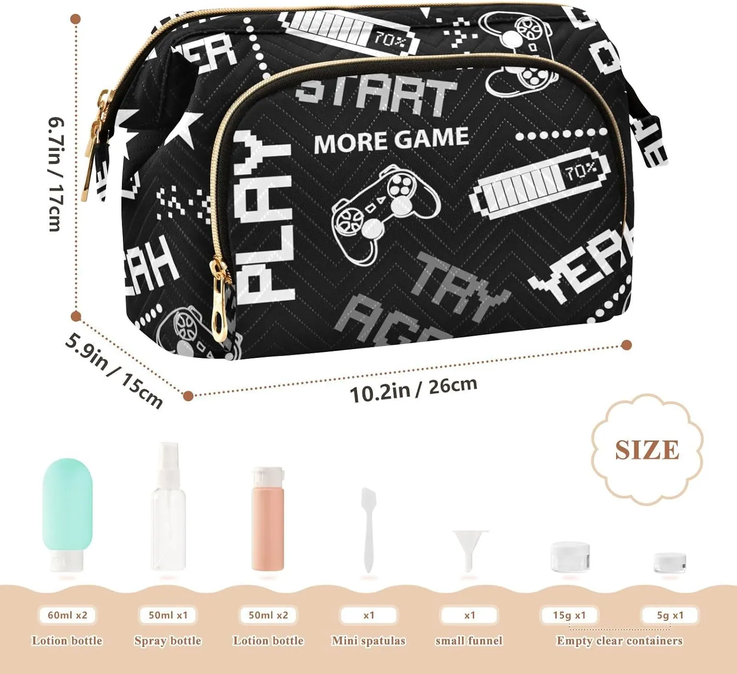 Black White Seamless Abstract Pattern in Pixel Game Style Women Cosmetic Bag Makeup Bag Stylish Trip Beauty Bag Travel Toiletry Bag with Bottle Organizer 10.2 x 5.9 x 6.7 inch