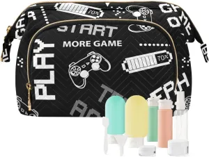 Black White Seamless Abstract Pattern in Pixel Game Style Women Cosmetic Bag Makeup Bag Stylish Trip Beauty Bag Travel Toiletry Bag with Bottle Organizer 10.2 x 5.9 x 6.7 inch