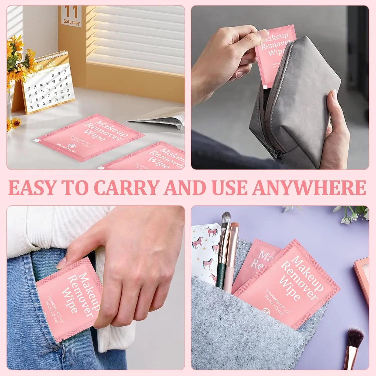 Blcculi 200 Pcs Makeup Remover Wipes Bulk,Individually Wrapped Makeup Remover Wipes,Alcohol Free Face Cleansing Wipes,Face Wipes with Vitamin E for Travel Hotel(Pink)