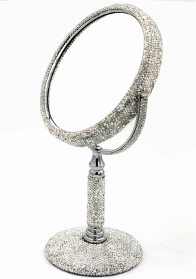 Bling Rhinestone Double-Sided Tabletop Makeup Mirror, Round Metal Makeup Mirror with 1:2 Magnifying Mirror, Rotating Mirror (Silver)