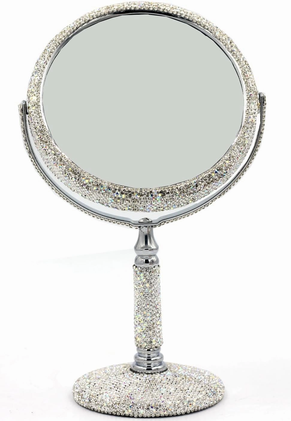 Bling Rhinestone Double-Sided Tabletop Makeup Mirror, Round Metal Makeup Mirror with 1:2 Magnifying Mirror, Rotating Mirror (Silver)