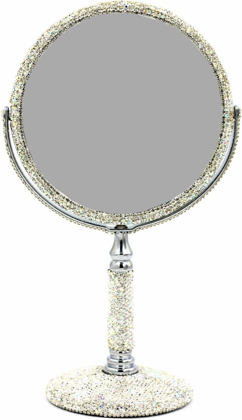 Bling Rhinestone Double-Sided Tabletop Makeup Mirror, Round Metal Makeup Mirror with 1:2 Magnifying Mirror, Rotating Mirror (Silver)