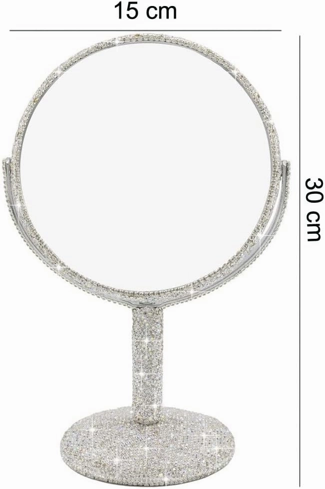 Bling Rhinestone Portable Magnified Double Sided Swivel Makeup Vanity Mirror, 360°Rotate Makeup Mirror Round Shaped Two-Sided Makeup Mirror (Silver)