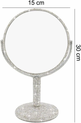 Bling Rhinestone Portable Magnified Double Sided Swivel Makeup Vanity Mirror, 360°Rotate Makeup Mirror Round Shaped Two-Sided Makeup Mirror (Silver)