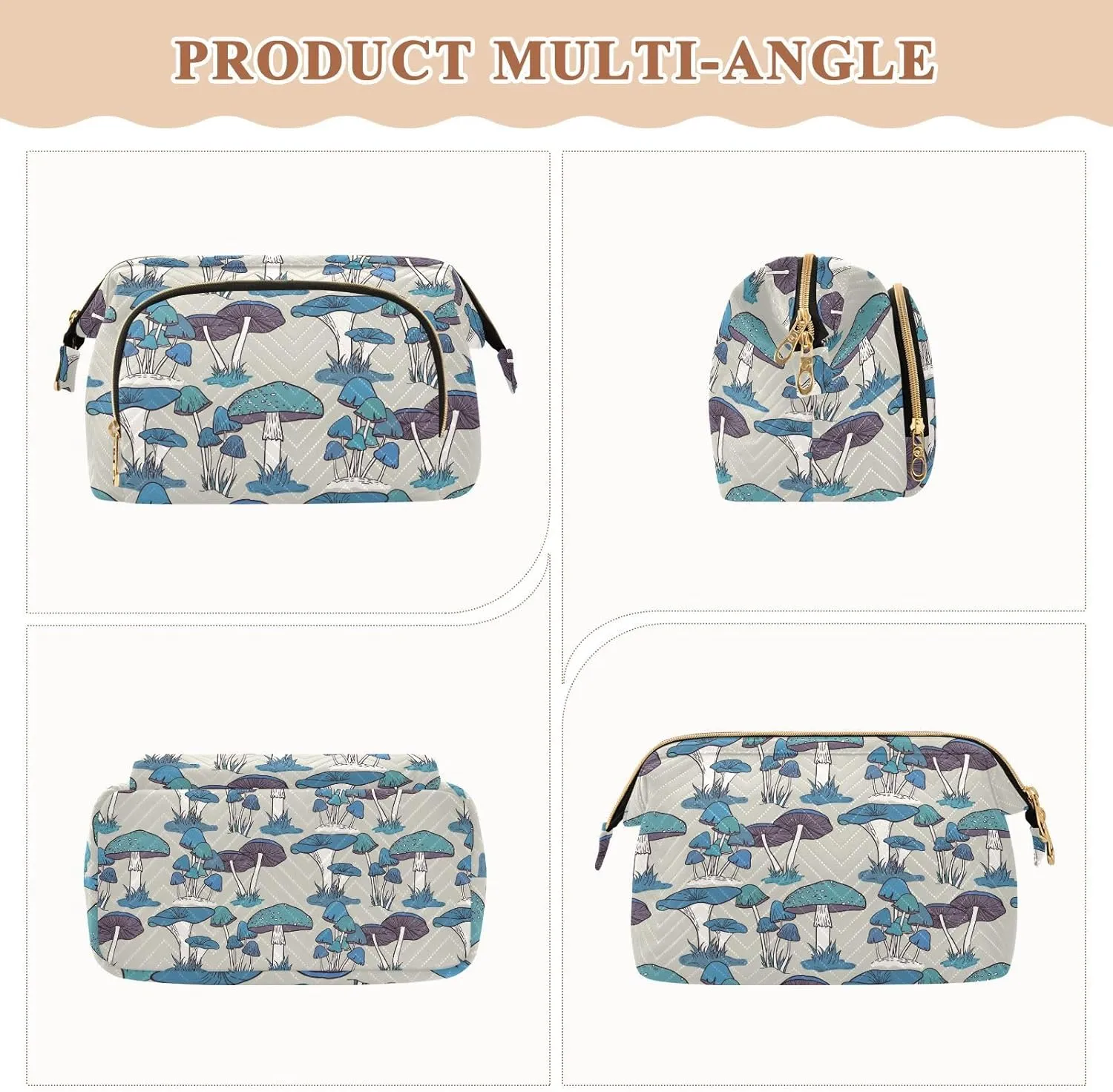 Blue Seamless Pattern Vintage Retro Style Women Cosmetic Bag Makeup Bag Stylish Trip Beauty Bag Travel Toiletry Bag with Bottle Organizer 10.2 x 5.9 x 6.7 inch