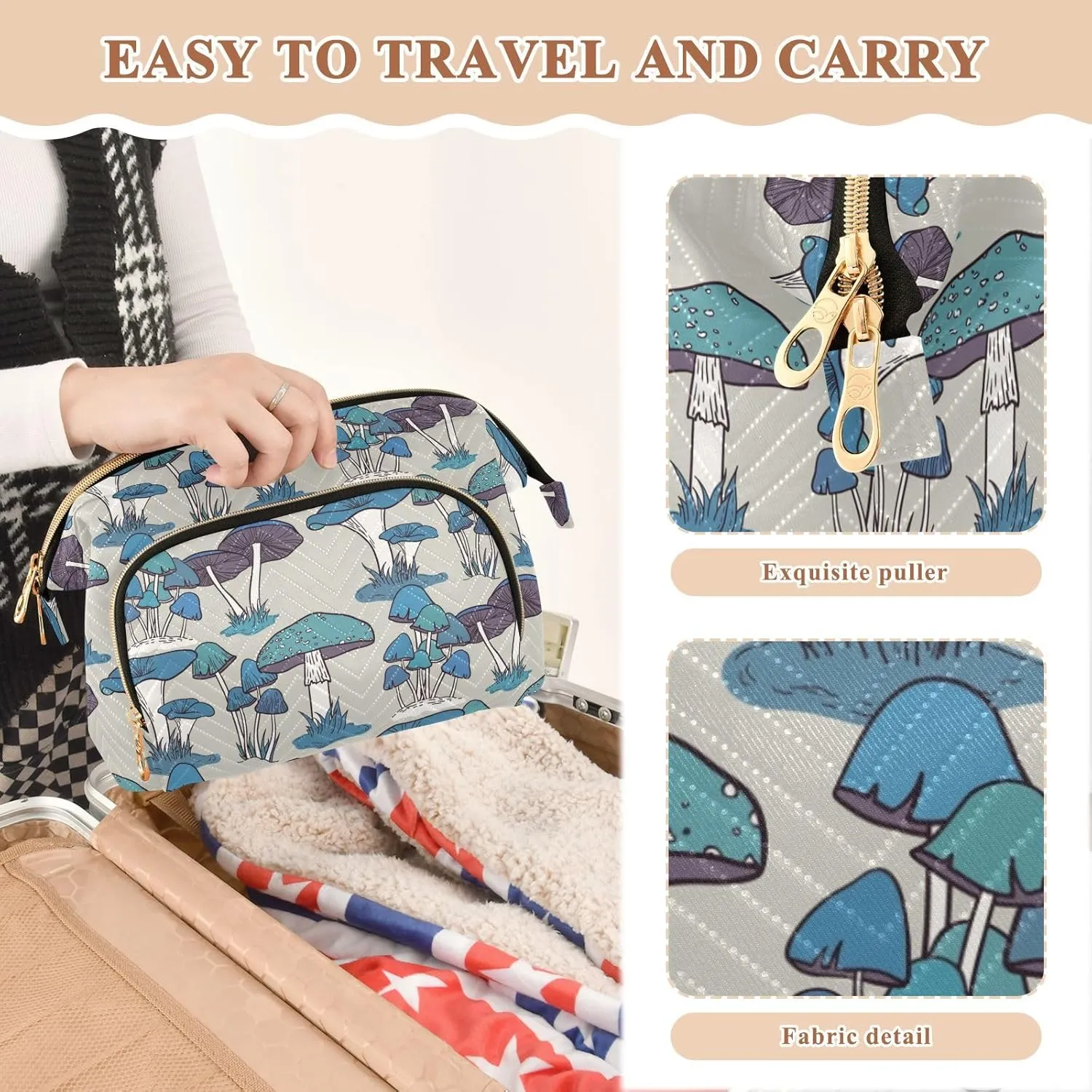 Blue Seamless Pattern Vintage Retro Style Women Cosmetic Bag Makeup Bag Stylish Trip Beauty Bag Travel Toiletry Bag with Bottle Organizer 10.2 x 5.9 x 6.7 inch