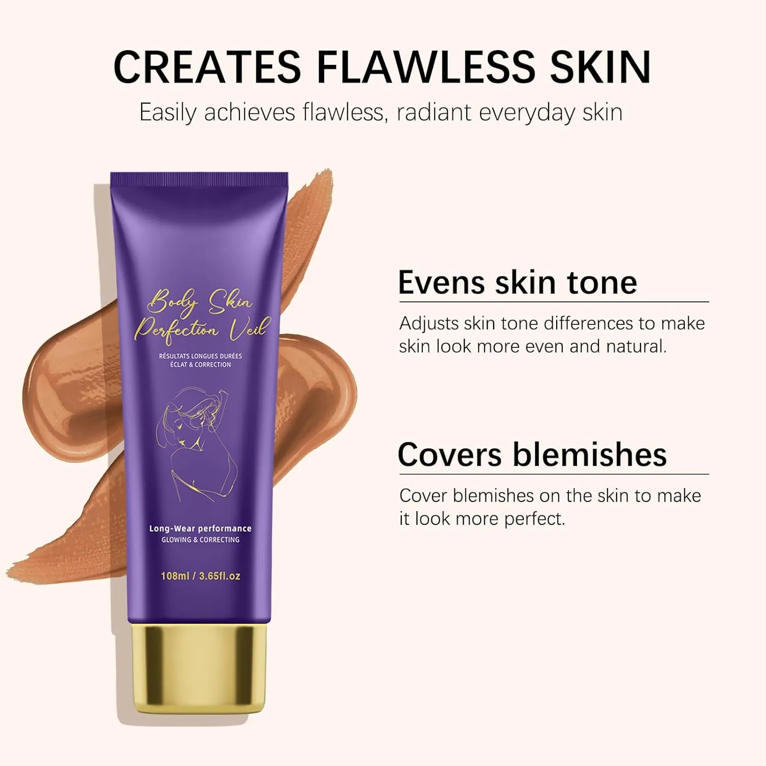 Body Coverage Perfector with Brush | Buildable Full Coverage Cream, Waterproof Leg Makeup for Tattoo Cover Up, Transfer-Resistant Formula, Natural Finish (Deep Radiance)