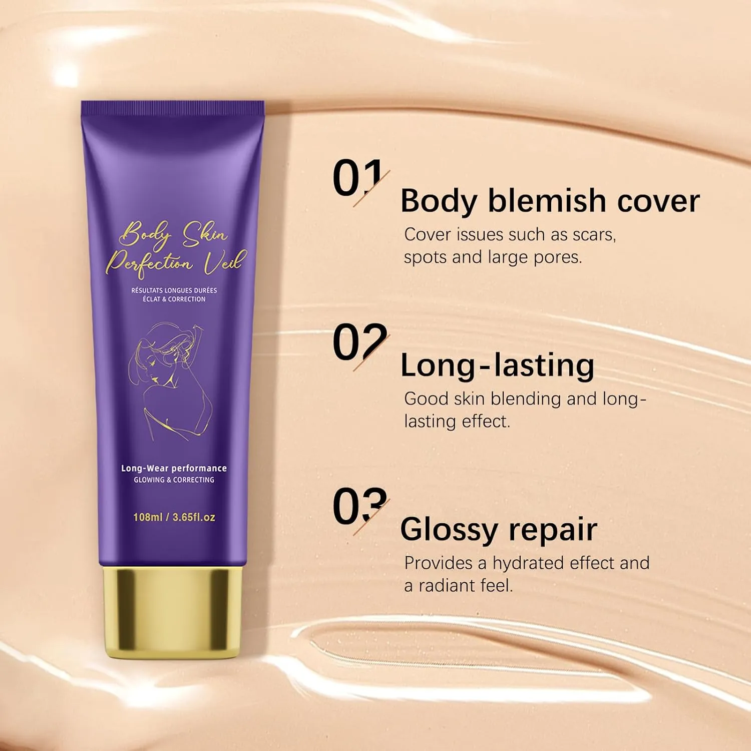 Body Coverage Perfector with Brush | Buildable Full Coverage Cream, Waterproof Leg Makeup for Tattoo Cover Up, Transfer-Resistant Formula, Natural Finish (Deep Radiance)