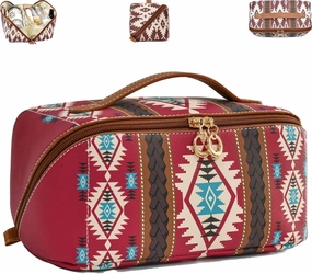 Boho Western Style Makeup Bag, PU Casual Colorblock Makeup Organizer Pouch, Versatile Waterproof Portable Organizer Pouch, Portable Large Capacity Travel Organizer Bags for Women (Red)