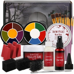 Bowitzki Halloween Makeup Kit Special Effect sfx Makeup,Liquid Latex Scab Blood Spray Blood 6 Colors Oil Based Face Paint SFX bruise wheel Skin Wax Stipple Sponges Latex free Sponges Spatula Brushes