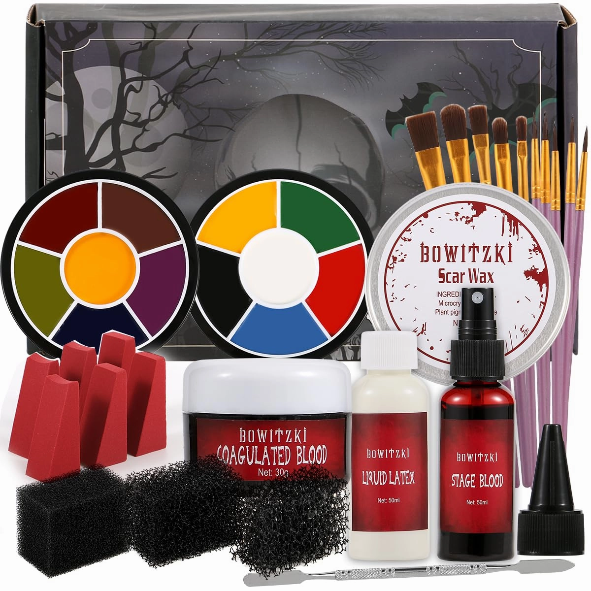 Bowitzki Halloween Makeup Kit Special Effect sfx Makeup,Liquid Latex Scab Blood Spray Blood 6 Colors Oil Based Face Paint SFX bruise wheel Skin Wax Stipple Sponges Latex free Sponges Spatula Brushes