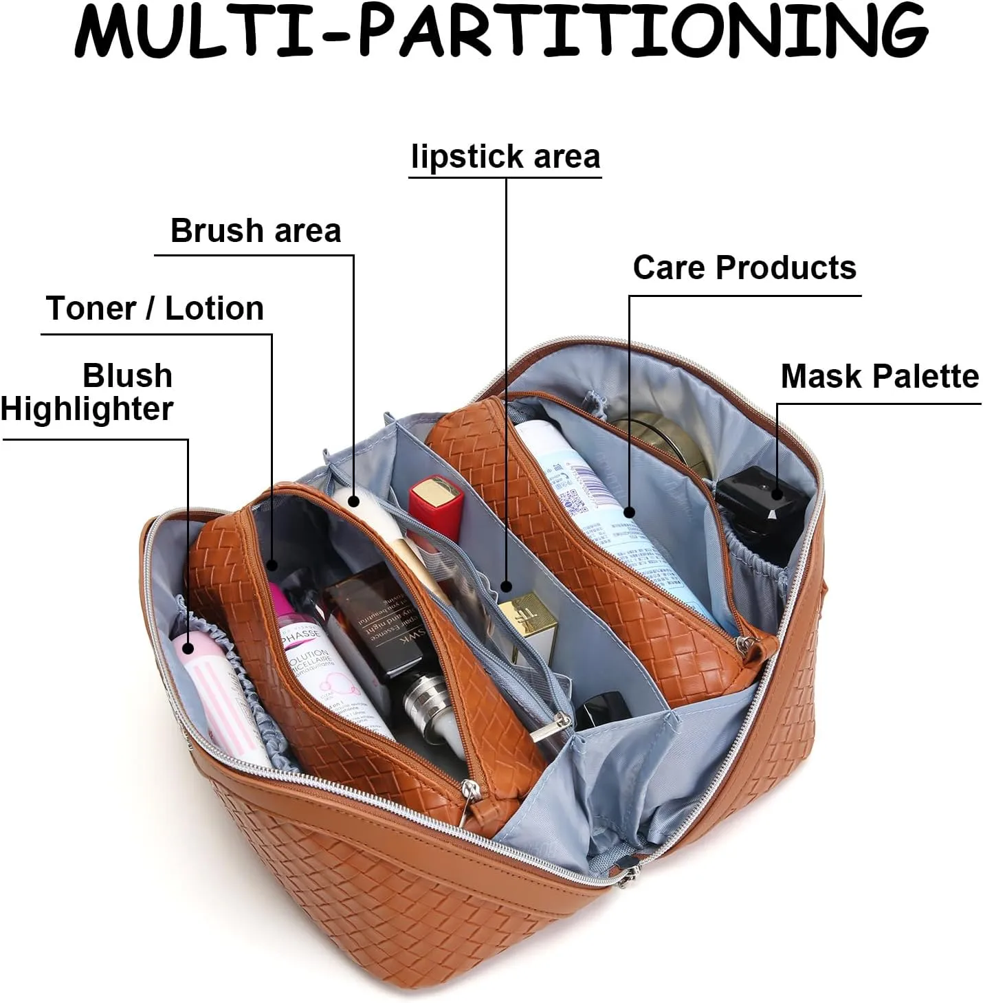 BOYATU Travel Makeup Bags for Women: 3 Pcs Large Make up Bags Set - Vegan Leather Cosmetic Bag for Traveling - Waterproof Toiletry Organizer Wide Open Portable Pouch (L07 Brown)