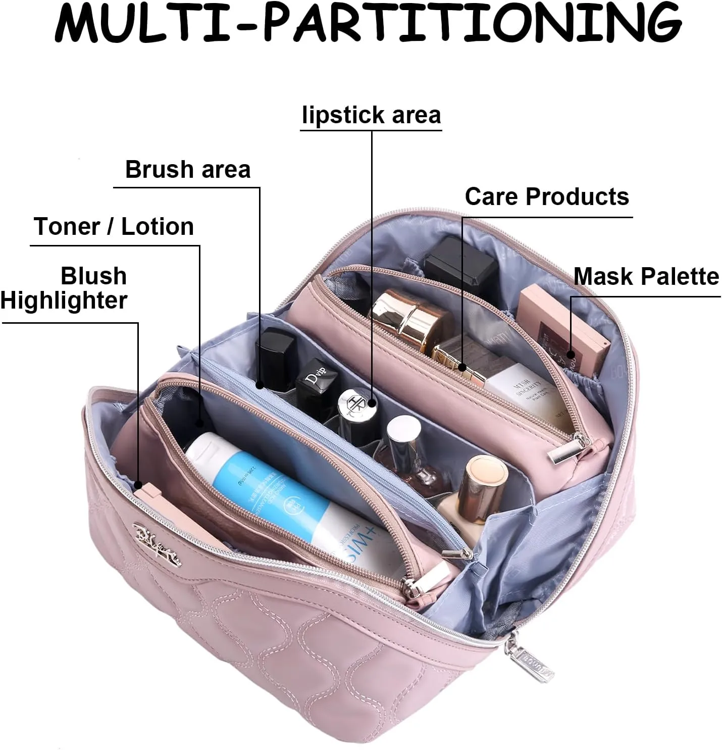 BOYATU Travel Makeup Bags for Women Cosmetic Bag: Puffy Make up Bags Set of 3 - Vegan Leather Makeup Organizer - Waterproof Large Toiletry Bag with Compartments - Travel Essentials (03 Pink)