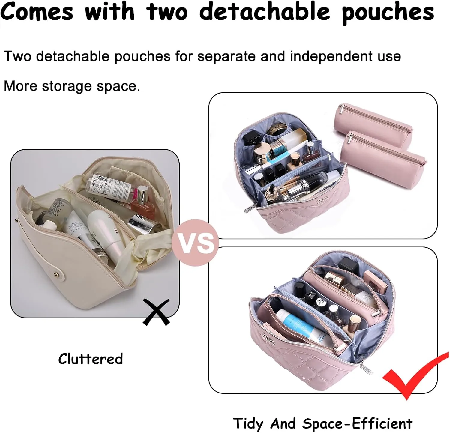 BOYATU Travel Makeup Bags for Women Cosmetic Bag: Puffy Make up Bags Set of 3 - Vegan Leather Makeup Organizer - Waterproof Large Toiletry Bag with Compartments - Travel Essentials (03 Pink)