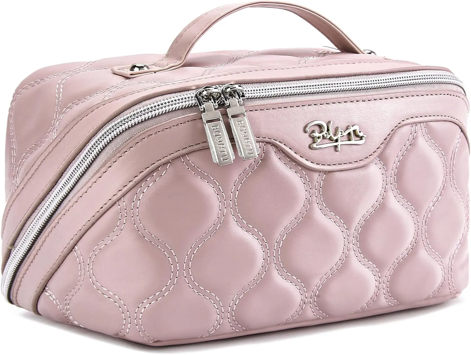 BOYATU Travel Makeup Bags for Women Cosmetic Bag: Puffy Make up Bags Set of 3 - Vegan Leather Makeup Organizer - Waterproof Large Toiletry Bag with Compartments - Travel Essentials (03 Pink)