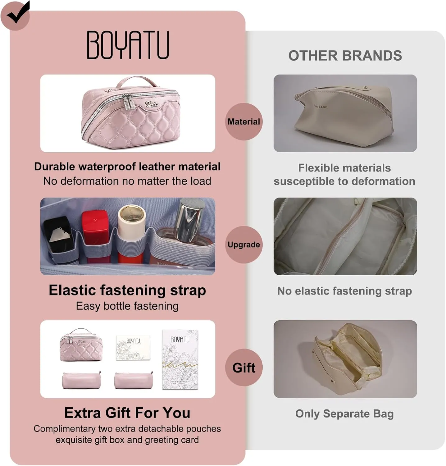BOYATU Travel Makeup Bags for Women Cosmetic Bag: Puffy Make up Bags Set of 3 - Vegan Leather Makeup Organizer - Waterproof Large Toiletry Bag with Compartments - Travel Essentials (03 Pink)