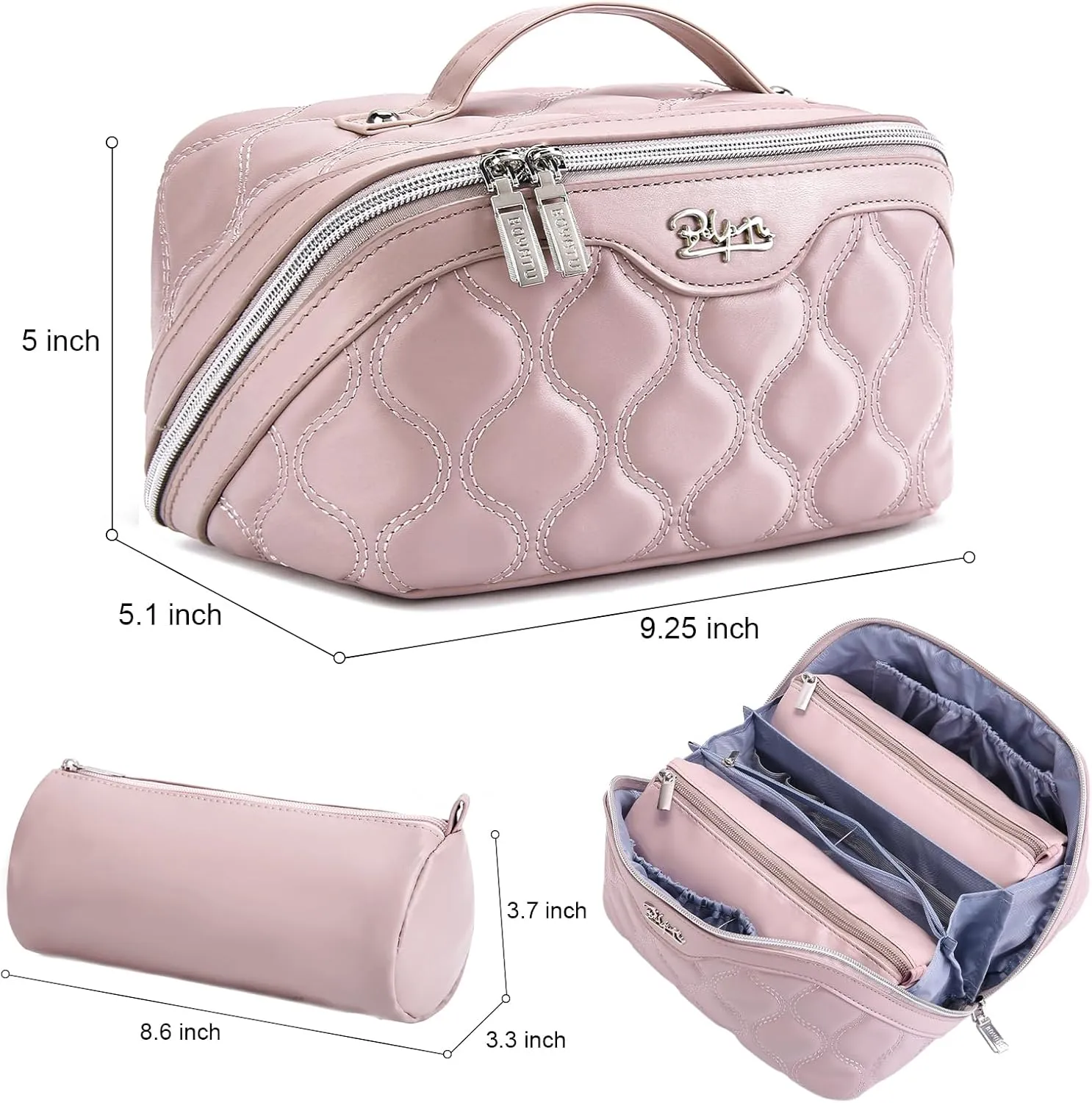 BOYATU Travel Makeup Bags for Women Cosmetic Bag: Puffy Make up Bags Set of 3 - Vegan Leather Makeup Organizer - Waterproof Large Toiletry Bag with Compartments - Travel Essentials (03 Pink)