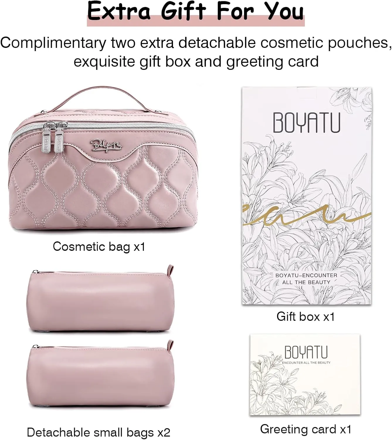 BOYATU Travel Makeup Bags for Women Cosmetic Bag: Puffy Make up Bags Set of 3 - Vegan Leather Makeup Organizer - Waterproof Large Toiletry Bag with Compartments - Travel Essentials (03 Pink)