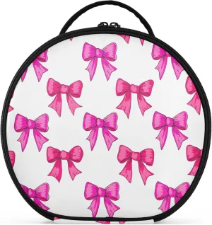 Bright Pink Bows Round Makeup Bag for Women, Travel Cosmetic Organizer Bag with Adjustable Dividers Portable Artist Makeup Bags for Cosmetics Jewelry Accessories