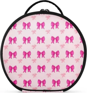 Bright Pink Bows Round Makeup Bag for Women, Travel Cosmetic Organizer Bag with Adjustable Dividers Portable Artist Makeup Bags for Cosmetics Jewelry Accessories