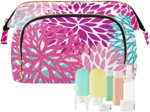 Bright Pink Floral Travel Makeup Bag Wide Open Cosmetic Bag for Women Make Up Organizer Pouch