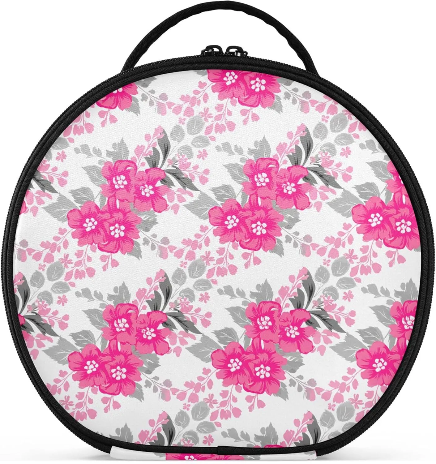 Bright Pink Flowers Round Makeup Bag for Women, Travel Cosmetic Organizer Bag with Adjustable Dividers Portable Artist Makeup Bags for Cosmetics Jewelry Accessories
