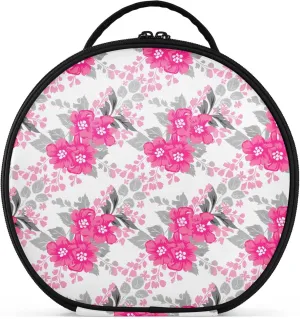 Bright Pink Flowers Round Makeup Bag for Women, Travel Cosmetic Organizer Bag with Adjustable Dividers Portable Artist Makeup Bags for Cosmetics Jewelry Accessories