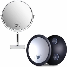 Bundle of One XXLarge 3X/1X Magnifying Mirror with Stand for Desk, Table, Retail Store, and Makeup Vanity & One 30X Magnifying Makeup Mirror - Stick On, Ultra Portable Travel Cosmetic Mirror