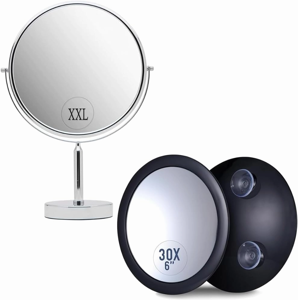 Bundle of One XXLarge 3X/1X Magnifying Mirror with Stand for Desk, Table, Retail Store, and Makeup Vanity & One 30X Magnifying Makeup Mirror - Stick On, Ultra Portable Travel Cosmetic Mirror