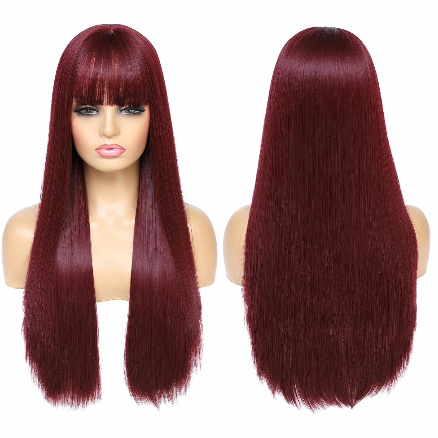 Burgundy Wigs For Women, 24 Inch Wine Red Hair Wig With Bangs Silky Soft Synthetic Fiber Wigs Hair For Daily Party Cosplay(Wine Red)