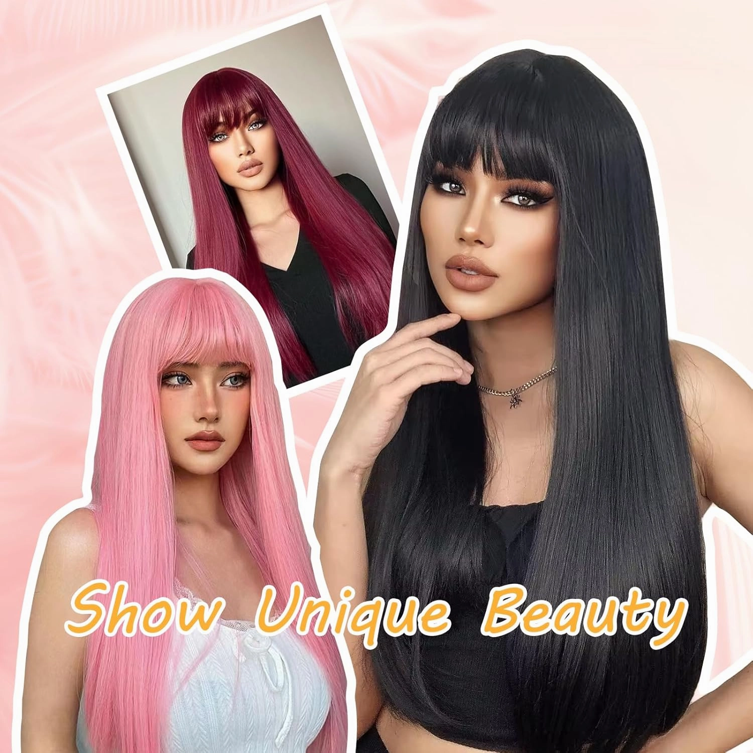 Burgundy Wigs For Women, 24 Inch Wine Red Hair Wig With Bangs Silky Soft Synthetic Fiber Wigs Hair For Daily Party Cosplay(Wine Red)