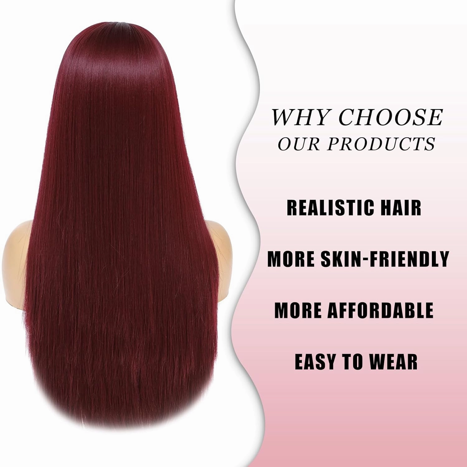 Burgundy Wigs For Women, 24 Inch Wine Red Hair Wig With Bangs Silky Soft Synthetic Fiber Wigs Hair For Daily Party Cosplay(Wine Red)