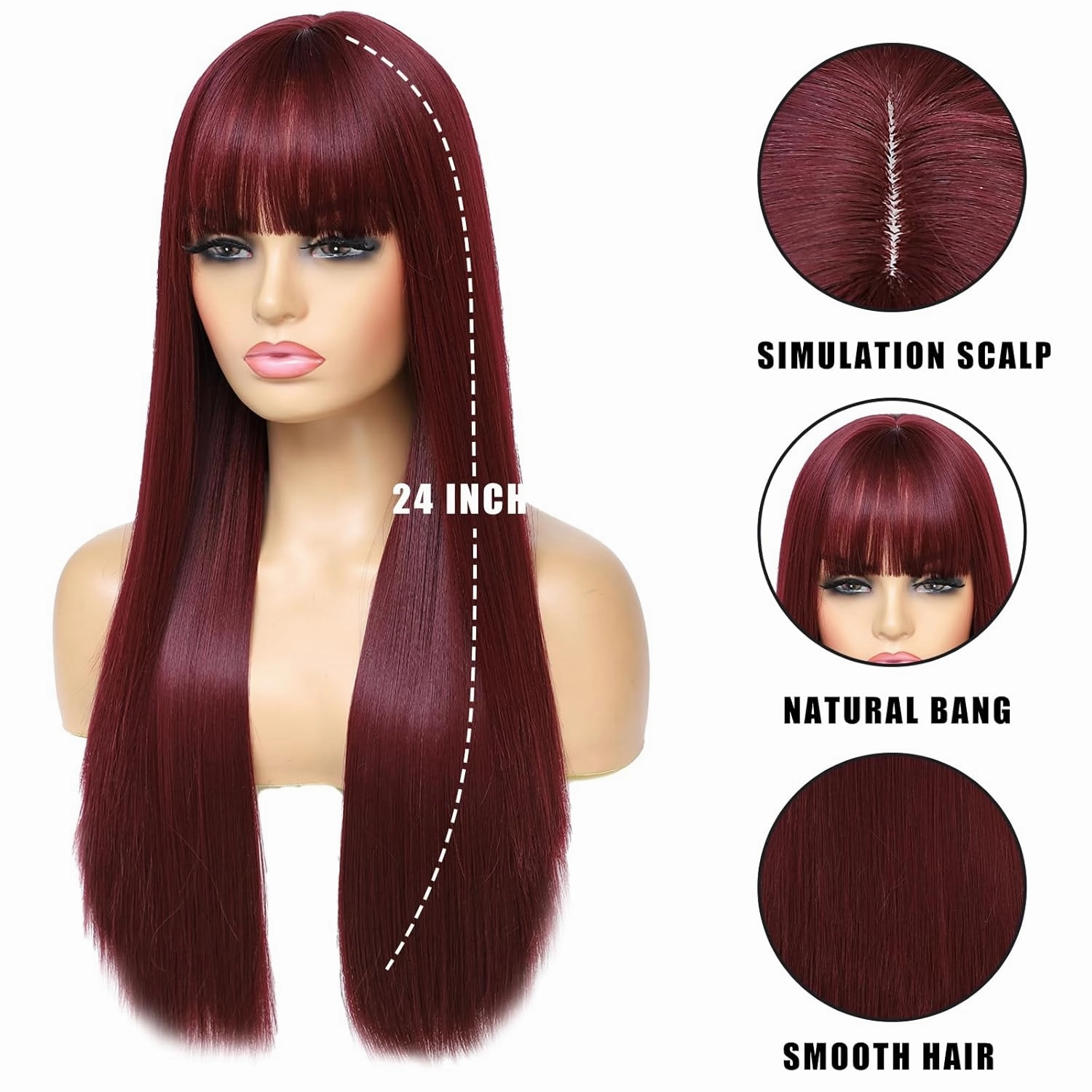 Burgundy Wigs For Women, 24 Inch Wine Red Hair Wig With Bangs Silky Soft Synthetic Fiber Wigs Hair For Daily Party Cosplay(Wine Red)