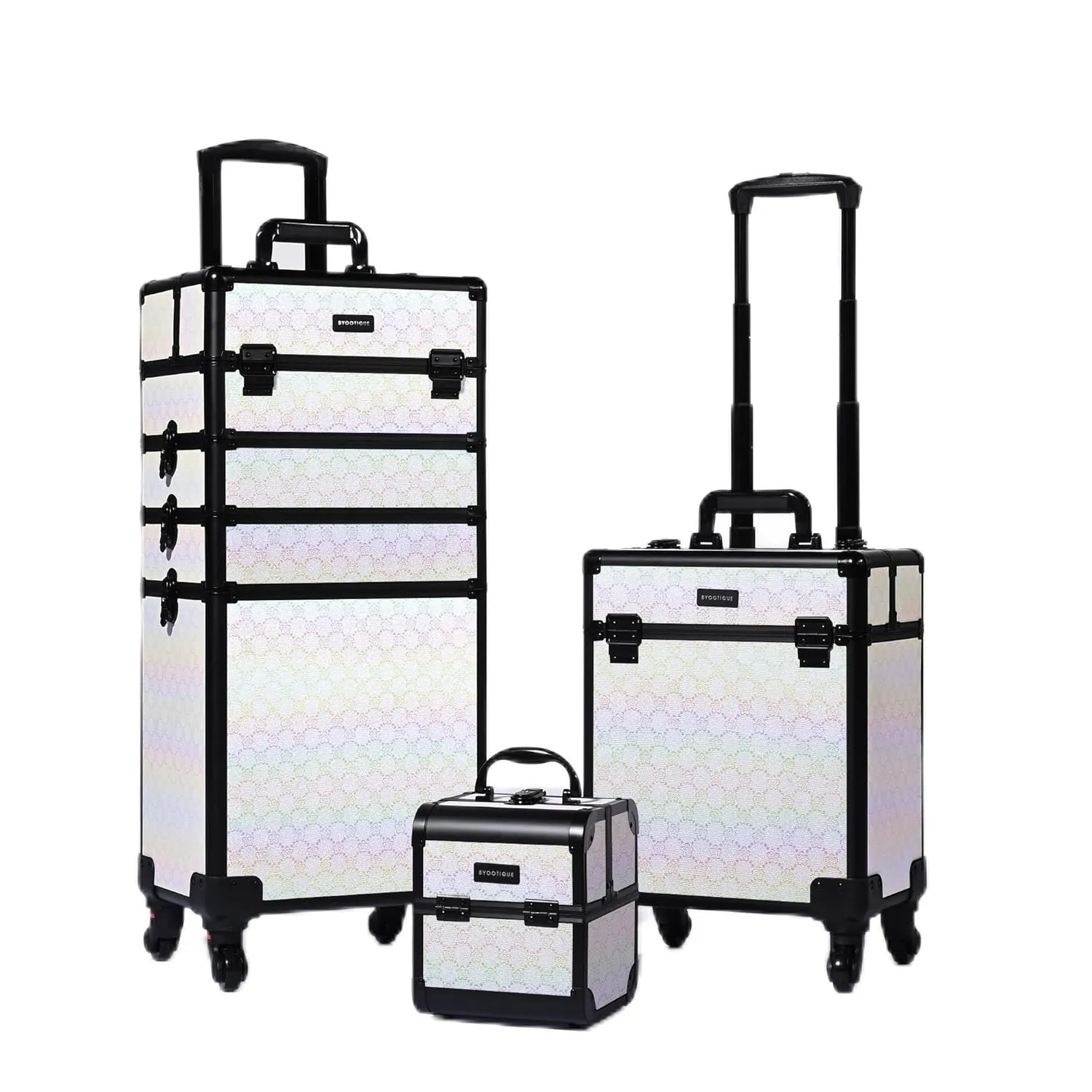 BYOOTIQUE Rolling Makeup Train Case 3-Piece Cosmetic Organizer Kit Trolley Organizer Travel Case Lockable Salon Barber Case Traveling Cart Trunk with Wheels for Makeup Artist Trave Nail