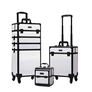 BYOOTIQUE Rolling Makeup Train Case 3-Piece Cosmetic Organizer Kit Trolley Organizer Travel Case Lockable Salon Barber Case Traveling Cart Trunk with Wheels for Makeup Artist Trave Nail