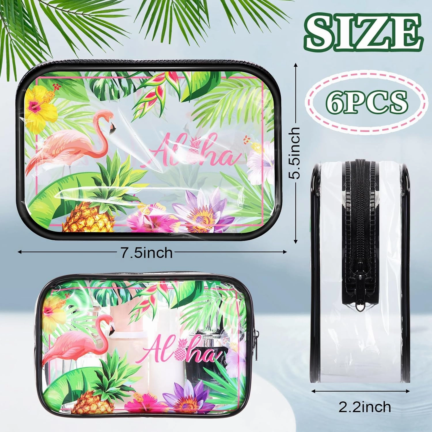 Capoda 6 Pcs Hawaiian Clear Toiletry Bags Transparent Aloha Cosmetic Bags Waterproof PVC Summer Beach Travel Pouch Gifts for Women Business Bathroom Organizer, 6 Styles