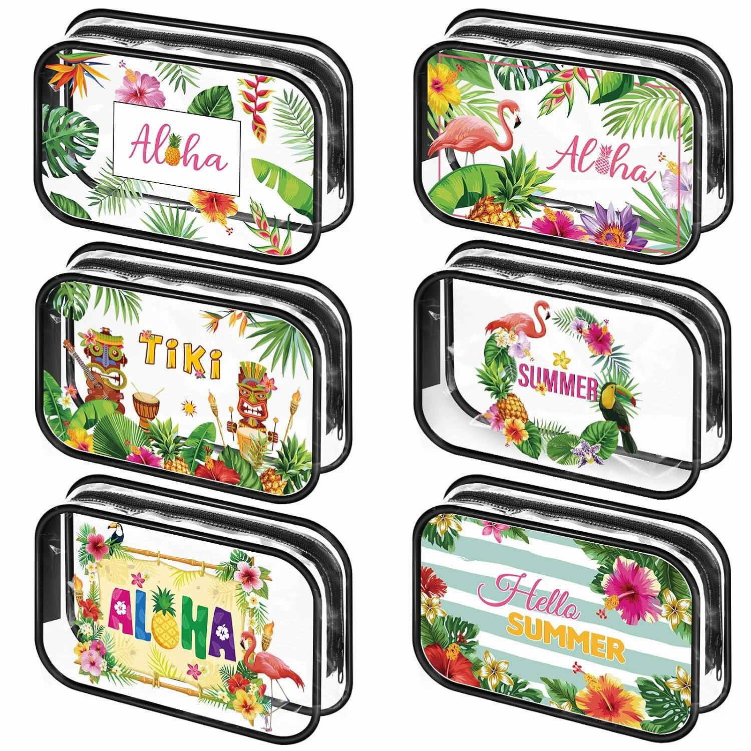 Capoda 6 Pcs Hawaiian Clear Toiletry Bags Transparent Aloha Cosmetic Bags Waterproof PVC Summer Beach Travel Pouch Gifts for Women Business Bathroom Organizer, 6 Styles