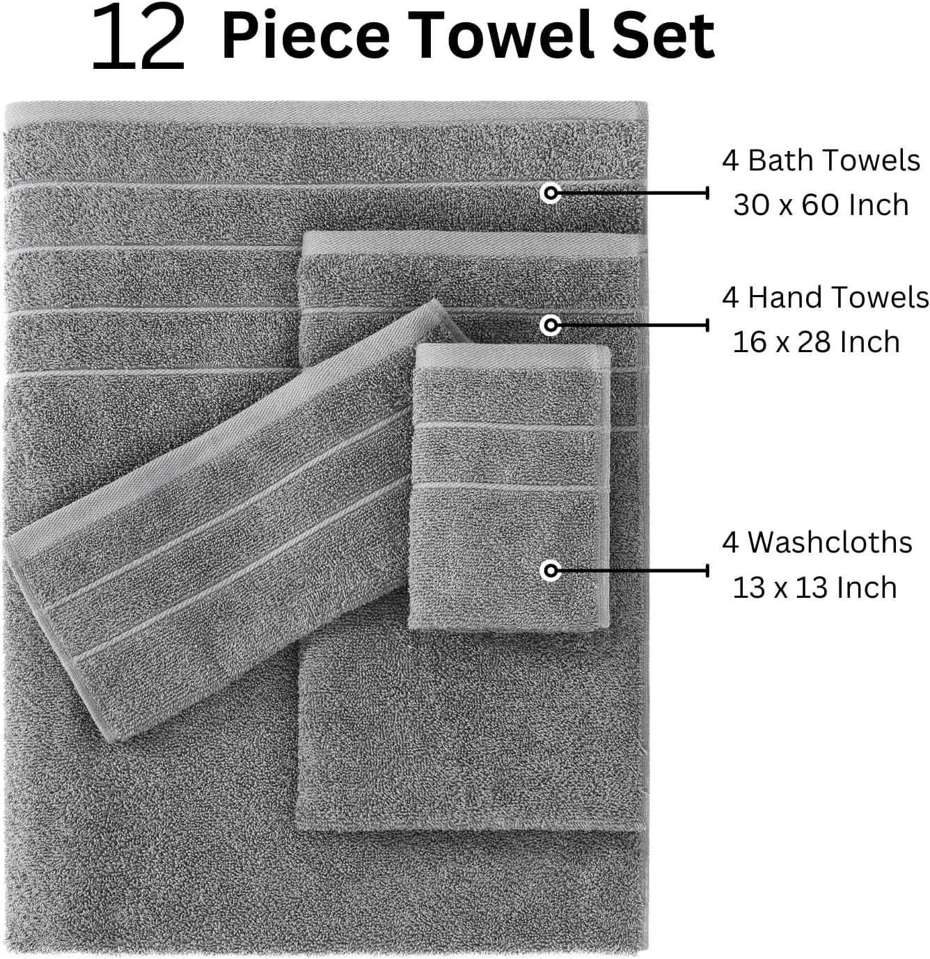 Casa Platino 100% Cotton 12 Piece Bath Towel Set - Ring Spun, Quick Dry, Super Soft & Highly Absorbent - 4 Bath, 4 Washcloths, 4 Bathroom Hand Towels - Hotel Quality Bathroom Towel Set - Ultimate Grey