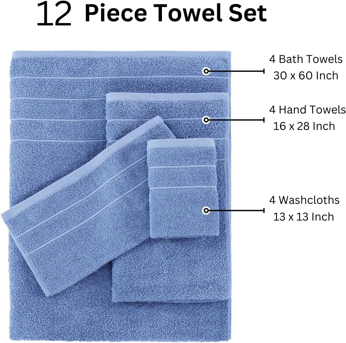 Casa Platino 100% Cotton Luxury Bath Towel Set - 12 Pieces - Ring Spun, Ultra Soft, Quick Dry & Extra Absorbent - 4 Bath, 4 Washcloths, 4 Bathroom Hand Towels - Minimal Lint After 3 Washes - Blue
