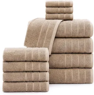 Casa Platino 100% Mercerized Cotton Bathroom Towel Set - 12 Pcs - Ring Spun, Super Soft & Highly Absorbent - 4 Large Bath Towels, 4 Washcloths, 4 Hand Towels - Wide Variety of Colours - Tawny Brown