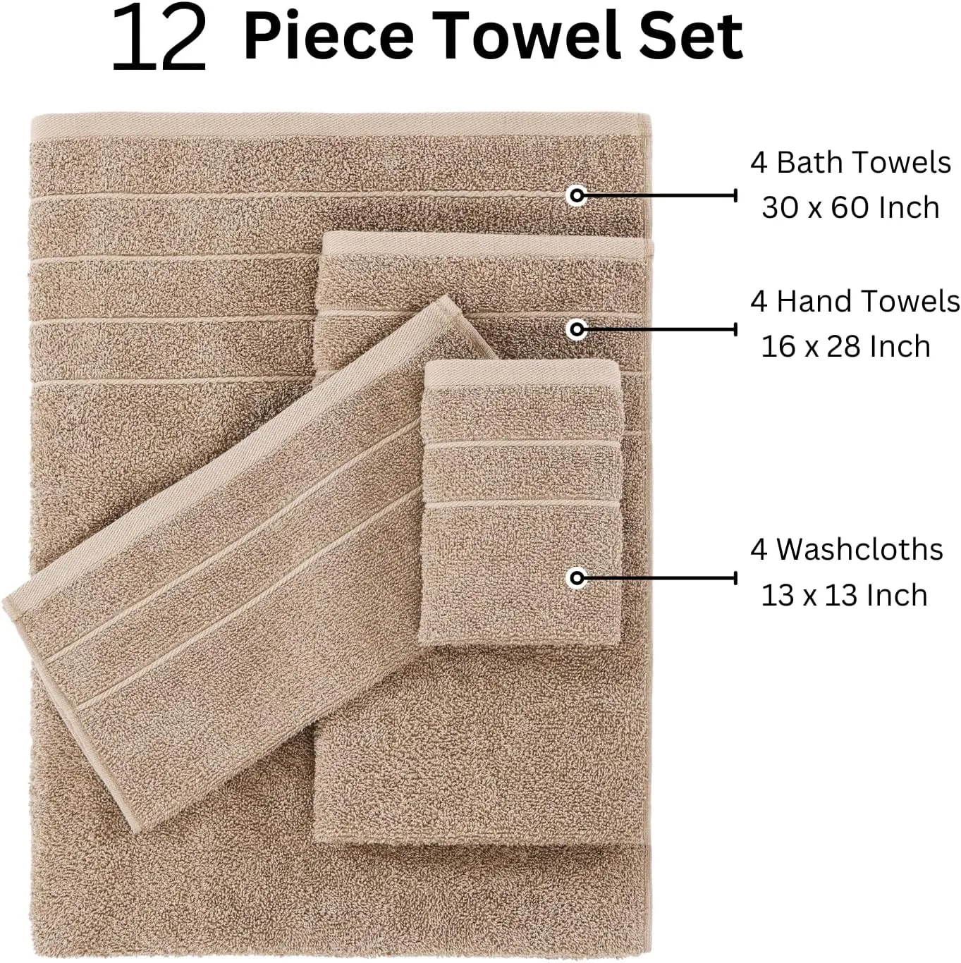 Casa Platino 100% Mercerized Cotton Bathroom Towel Set - 12 Pcs - Ring Spun, Super Soft & Highly Absorbent - 4 Large Bath Towels, 4 Washcloths, 4 Hand Towels - Wide Variety of Colours - Tawny Brown