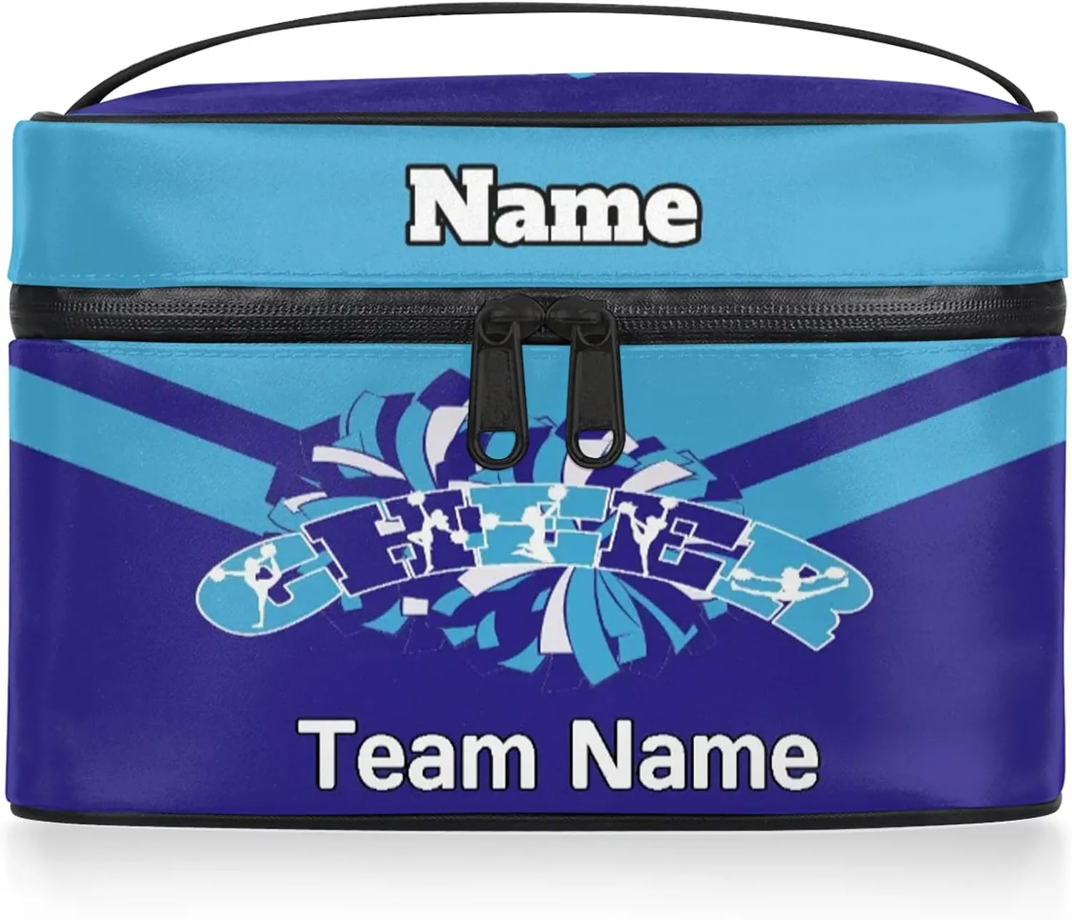 Cheer Custom Name Makeup Bag Personalized Large Cosmetic Case Portable Travel Make Up Organizer for Women Girl With Handle, Blue