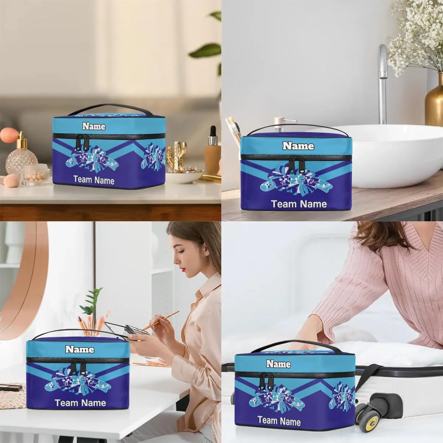 Cheer Custom Name Makeup Bag Personalized Large Cosmetic Case Portable Travel Make Up Organizer for Women Girl With Handle, Blue