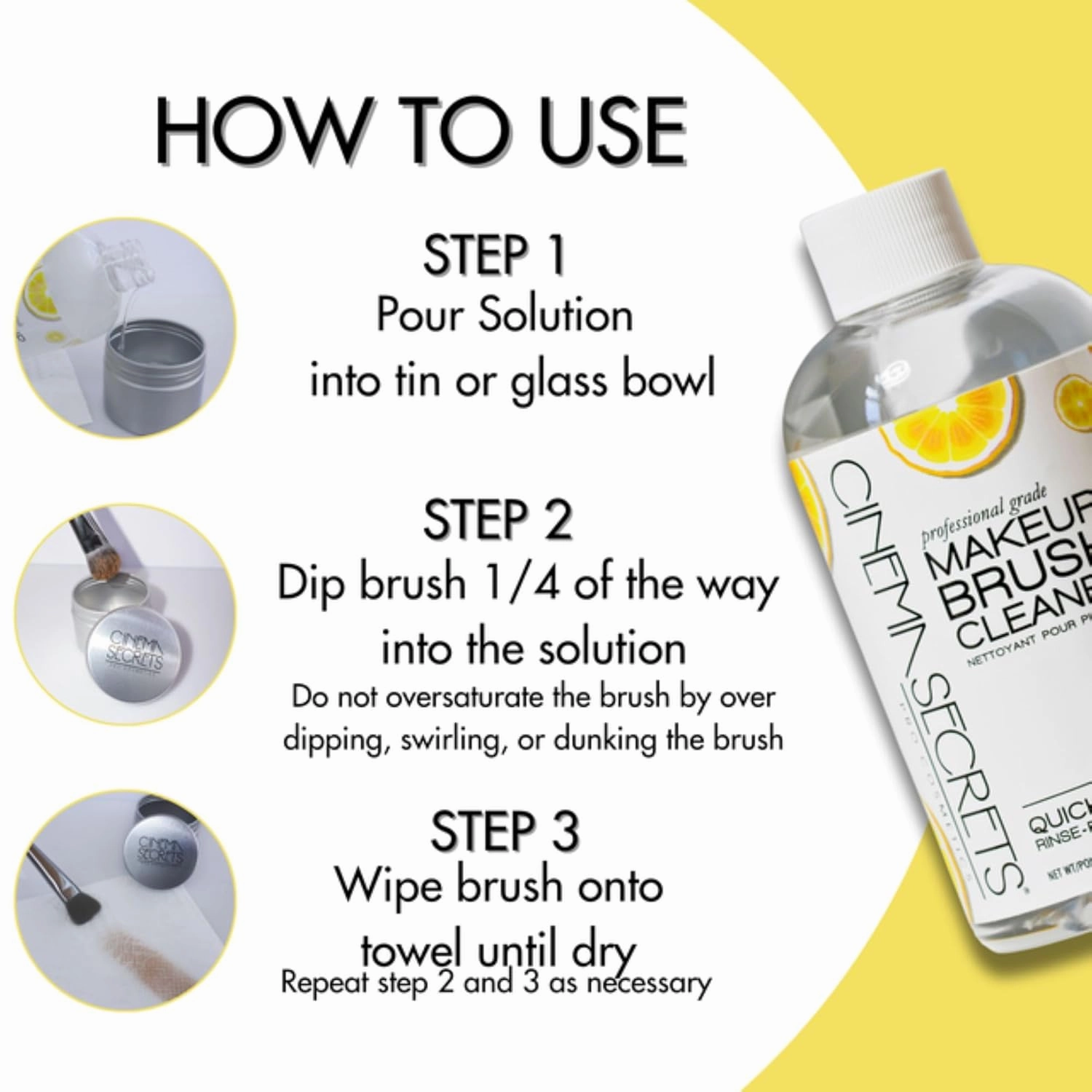 Cinema Secrets Original Makeup Brush Cleaner Solution - Professional Cleanser for Makeup Brushes - Quick-Drying, Rinse-Free Formula - Removes Stubborn Waterproof Make Up - Lemon