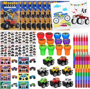 Cinrobiye 72 Pcs Monster Truck Party Favors Bulk, Truck Car Coloring Books with Crayons Stickers Stampers Goodie Bag Fillers, Race Car Birthday Supplies Prizes Reward, Hot Wheels Party Pinata Gifts