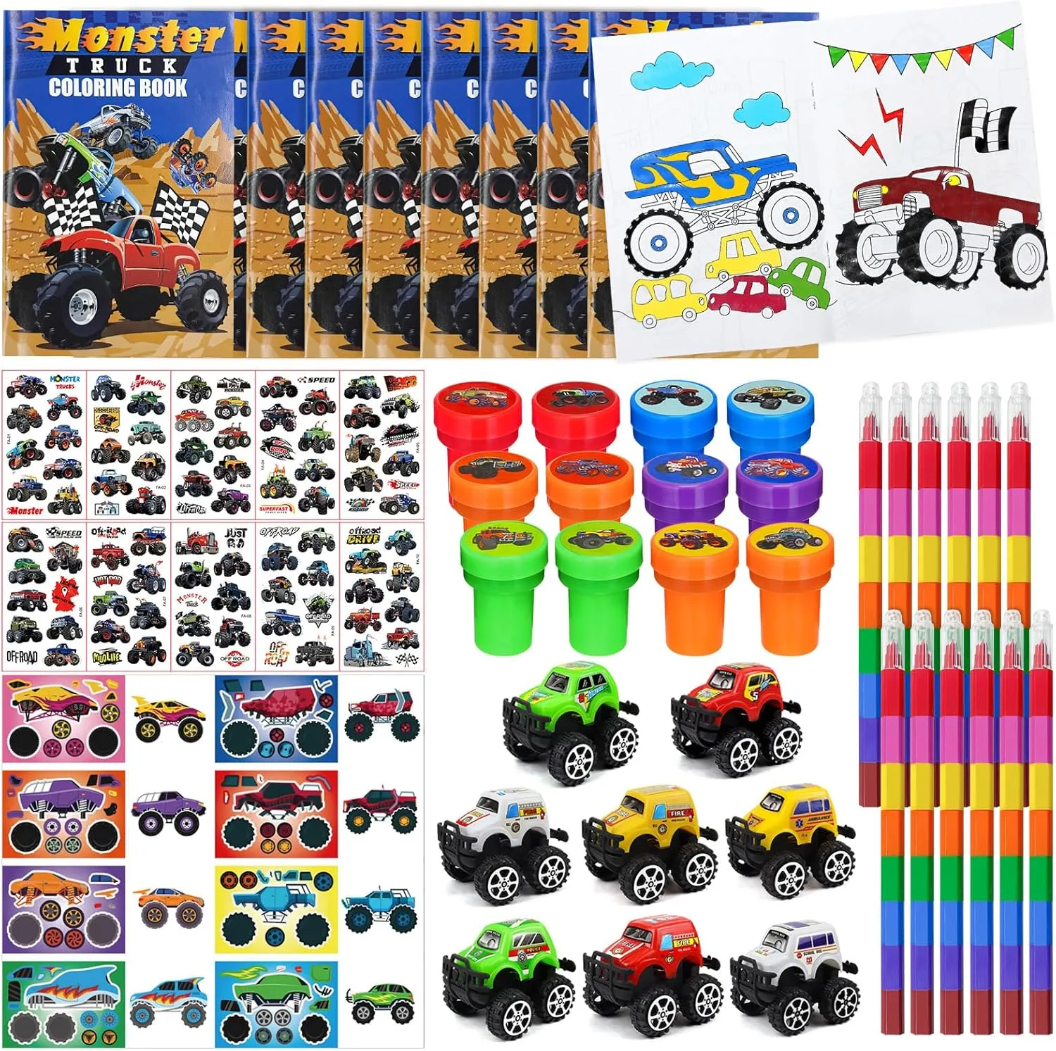 Cinrobiye 72 Pcs Monster Truck Party Favors Bulk, Truck Car Coloring Books with Crayons Stickers Stampers Goodie Bag Fillers, Race Car Birthday Supplies Prizes Reward, Hot Wheels Party Pinata Gifts