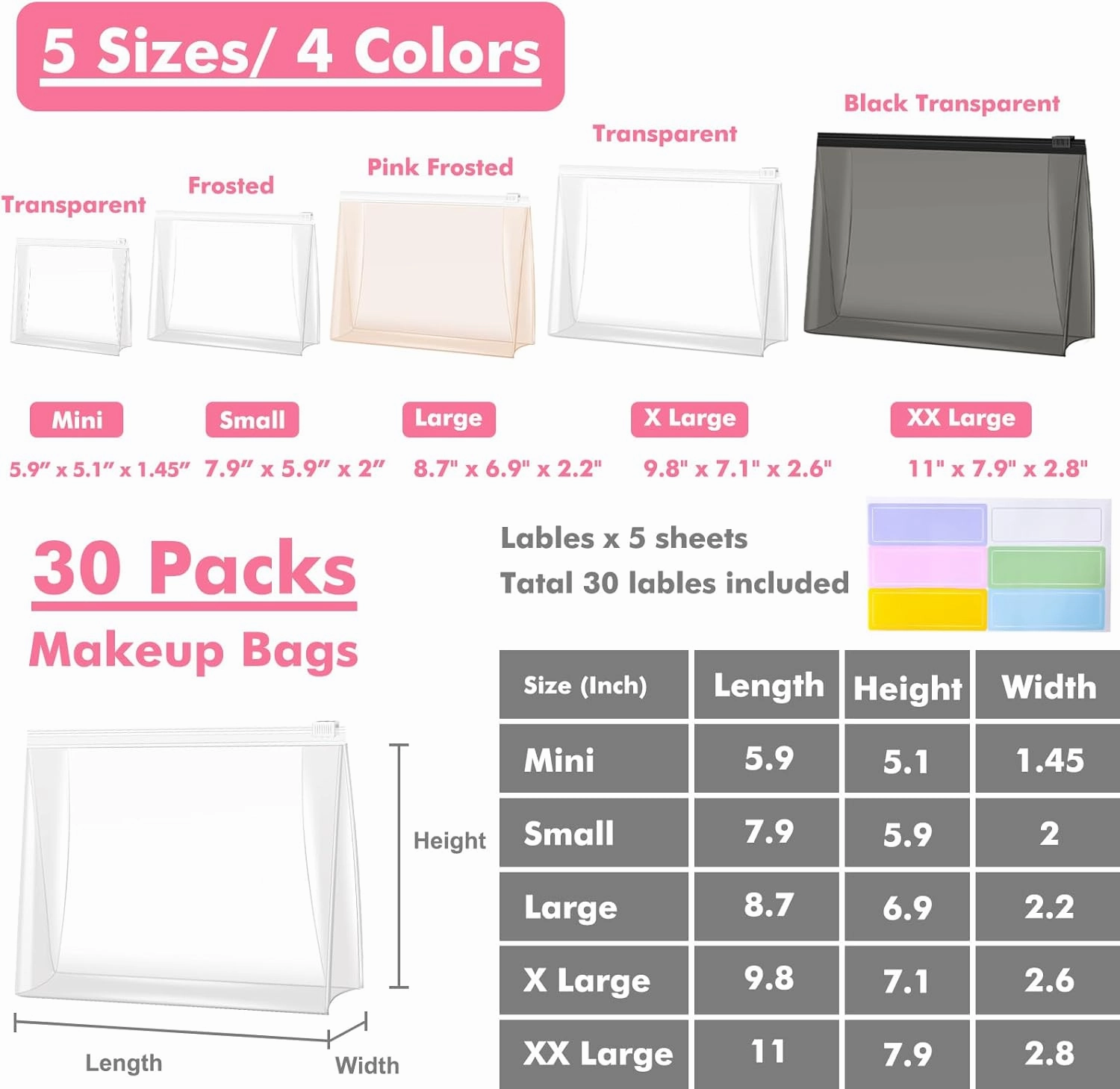 Circloophs 30 Pack Mini Clear Makeup Bag Organizer Cosmetic Zipper Pouch Travel Pouches for Toiletries Transparent EVA Reusable Wash Bags Waterproof Plastic Clear Gift Bags Bulk, 6" x 5" x 1.5"