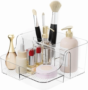 Clear Makeup Organizer Countertop – 6 Compartments Cosmetic, Jewelry, Skincare & Perfume Organizer, Vanity and Bathroom Counter Organizer, Multi-Use Makeup Brush Holder